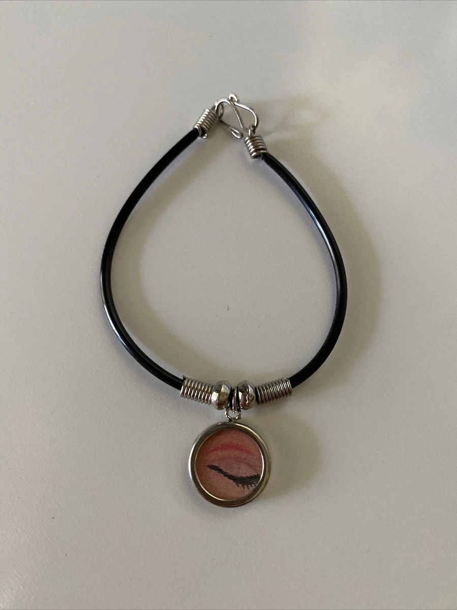 Thin Black leather Bracelet Eye Charm Dull Silver tone Hook Clasp