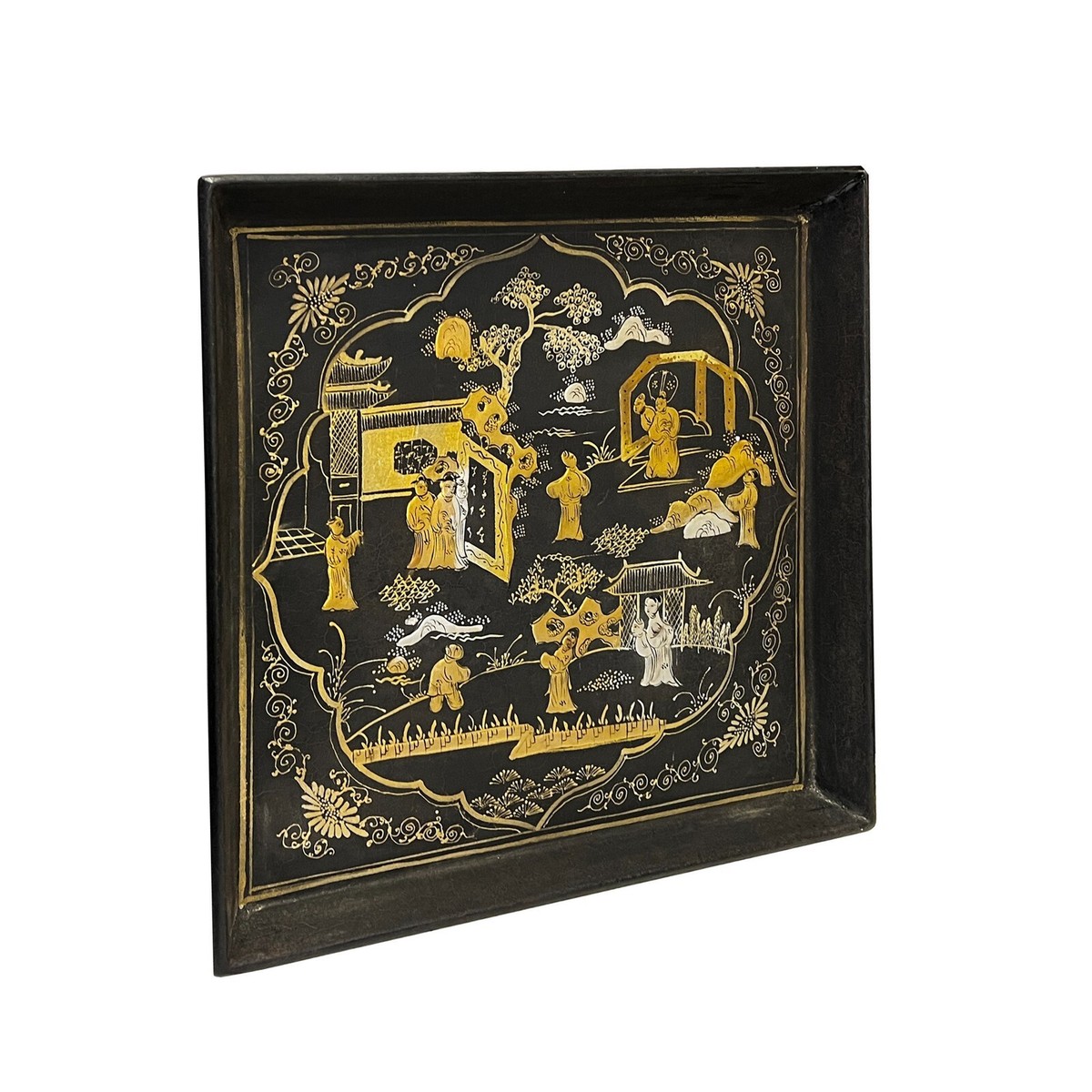 Chinoiserie Golden Graphic Black Lacquer Square Display Disc Plate Tray ws2749S Chinoiserie Golden Graphic Black Lacquer Square Display Disc Plate Tray ws2749S
