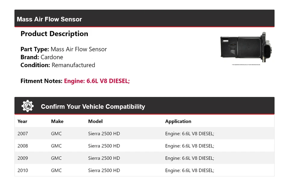 Sensor de flujo de aire masivo Cardone para GMC Sierra 2500 HD 2007-2010 6,6 L V8 diésel Foto 2 de 4