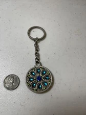 Matte Finish Silver Metal Openwork Flower Key Ring Blue and Green Rhinestones 