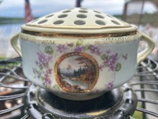 Large 10"Antique Victoria Porcelain FLOWER FROG with 44 Hole Lid in Ex Cd