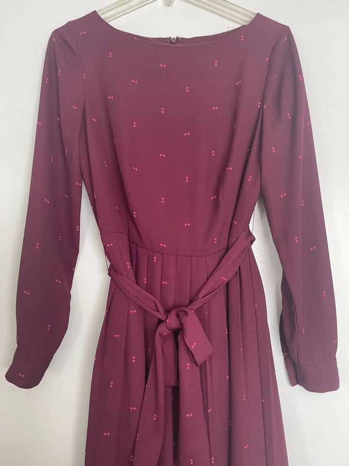 Ann Taylor Burgundy Red Square Dot Pleated Long Sleeve A-Line Midi Dress Size 4 - Image 2 of 4