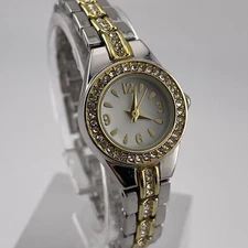 Two Tone Womens Watch Gem Set Bezel Band 19mm Case Quartz Analog Three Hands