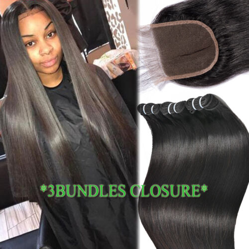 Straight Soft 3Bundles with Lace Closure Brazilian Virgin Human Hair Weave  THICK | eBay