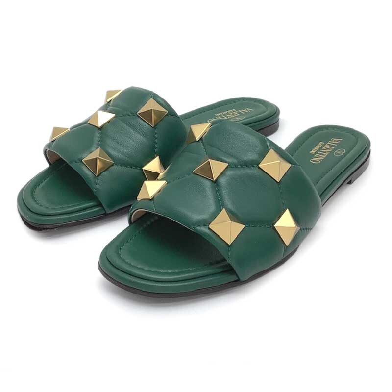 S00265 ヴァレンチノ VALENTINOグリーン ビジュー付き サンダル Valentino Garavani Leather Studs Flat Sandals 36.5 Green Women | eBay