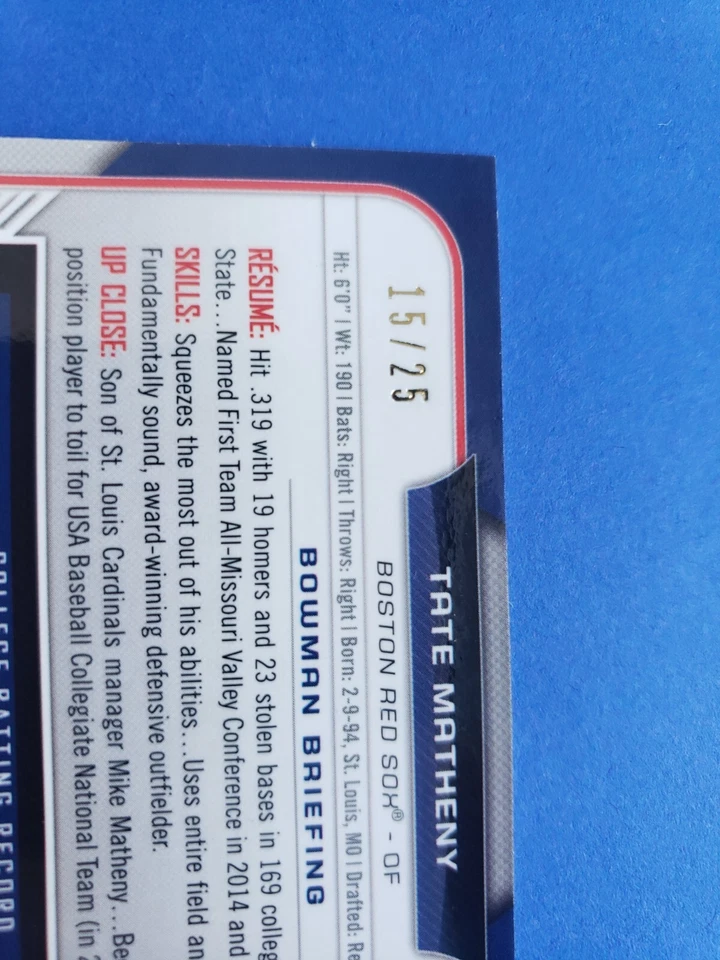 2015 Bowman Draft Chrome Orange Refractor /25 Tate Matheny #89 - Image 4 of 4