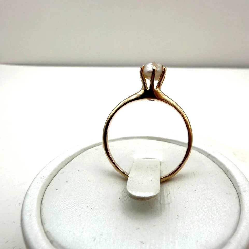 Винтажное кольцо из 14-каратного золота с проверенным пресноводным жемчугом и солитером желтое золото без маркировки - Изображение 2 из 4