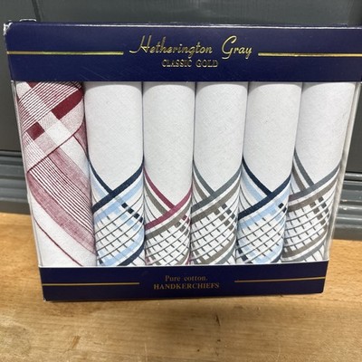Vintage klassisch gold Hetherington grau 6 Herren Baumwolle Taschentücher verpackt 