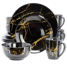 Elama Fine Marble 16 Piece Porcelain Dinnerware Set in Black with Gold Veining