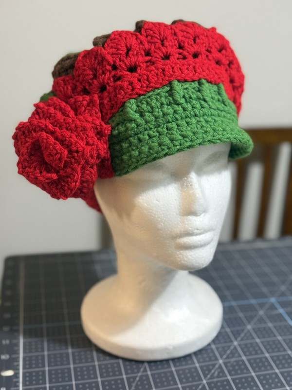 Handmade Crocheted Rose Beret, Red Green Brown, Brown Green Red Colors