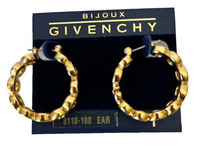 VTG Givenchy Bijoux Gold Tone G Logo Circle Link Hoop Earrings 1980s NOC New