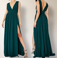 Lulus Heavenly Hues M Forest Green Maxi Dress Deep V Side Slit Pleated Wedding