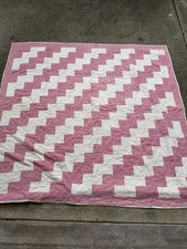 Vintage Zig Zag Hand Sewn Stepping Pattern Pink White Quilt Cotton