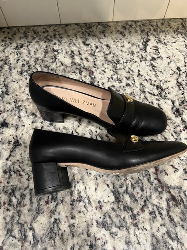 Stuart Weitzman RIELA 50 BLACK LEATHER Calf Heel Pump Block Heel Shoe 9.5M - Picture 3 of 9