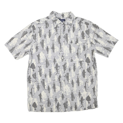 CROFT & BARROW Herren Grau & Weiß Fisch Print Hemd S Baumwollmischung Freizeit Sommer