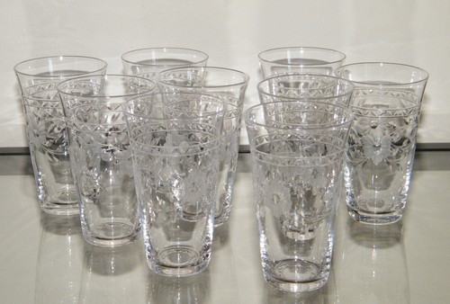 Vintage HTF Set (9) KOSTA SWEDEN TAGLIO CRISTALLO SUCCO BICCHIERI VETRO trasparente floreale