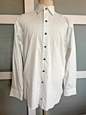 David Donahue Fusion Performance Dress Shirt Mens 17 L/XL White Red Blue Print