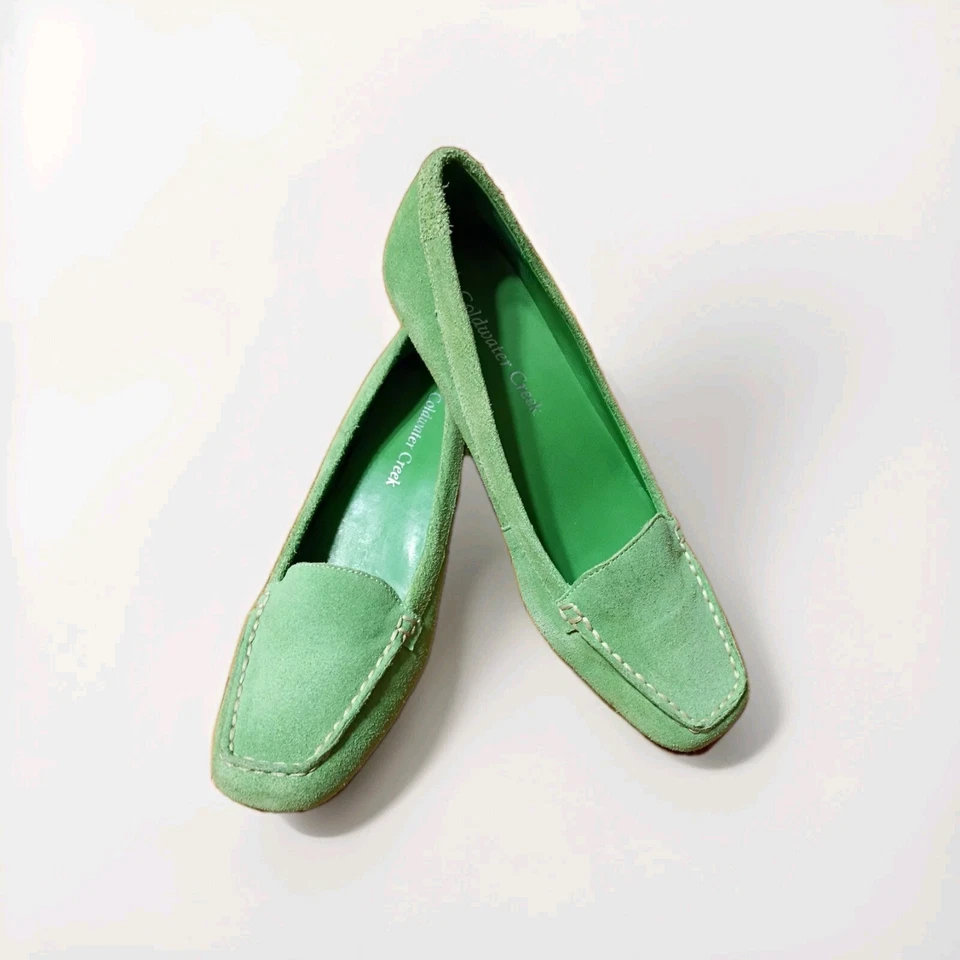 Coldwater Creek Lime Green Suede Leather Loafers Shoes Wedge Square Toe 7 M - Image 2 of 4
