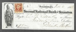 1868 Scranton Pennsylvania Bank Check "Statue of Freedom"