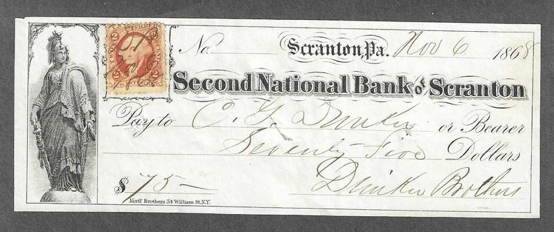 1868 Scranton Pennsylvania Bank Check "Statue of Freedom"