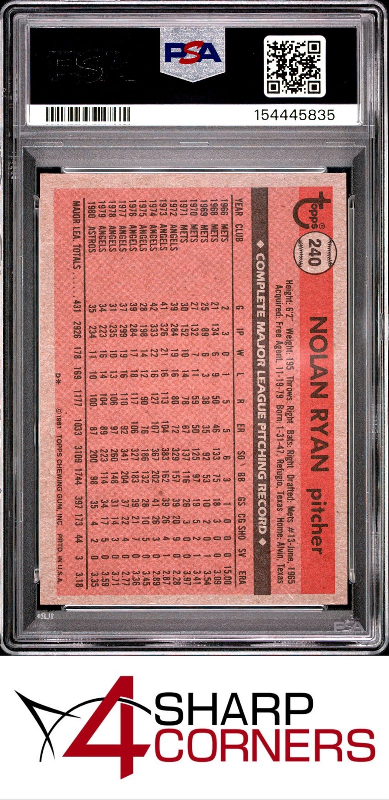 1981 TOPPS #240 NOLAN RYAN ASTROS HOF PSA 8 view 2