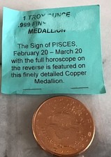 Fine Detailed .999 USA Copper Metal Medallion Pisces Horoscope Feb 20-Mar 20
