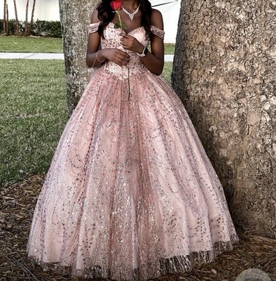 Pink Off the Shoulder Sweetheart Tulle Sequin Glitter Ballgown Formal Long