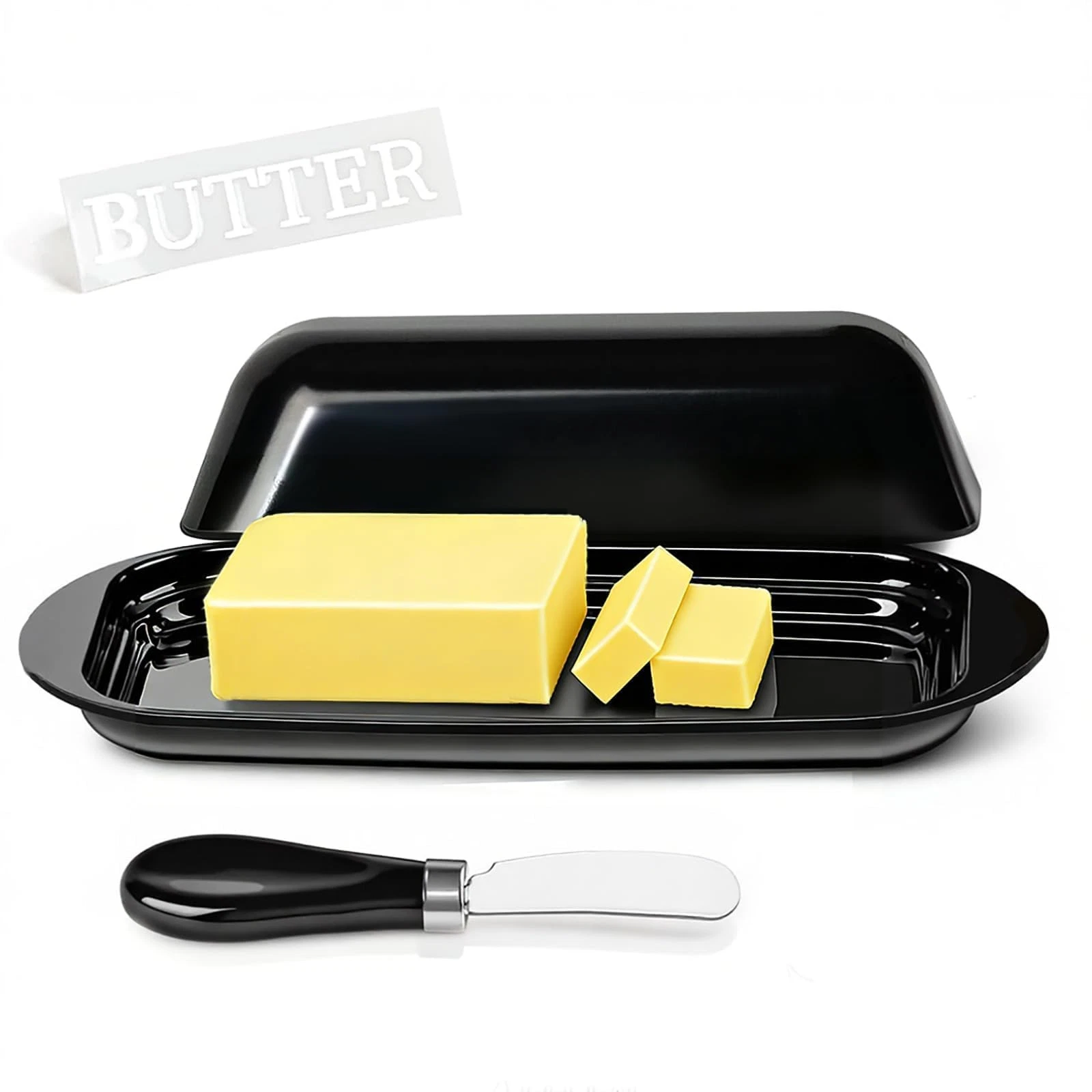 Butter Dish with Lid Stainless Steel Knife BPA-Free Melamine Farmhouse Black