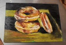 Donuts oil Painting  on wood measures 7 1/2 x 10 3/4