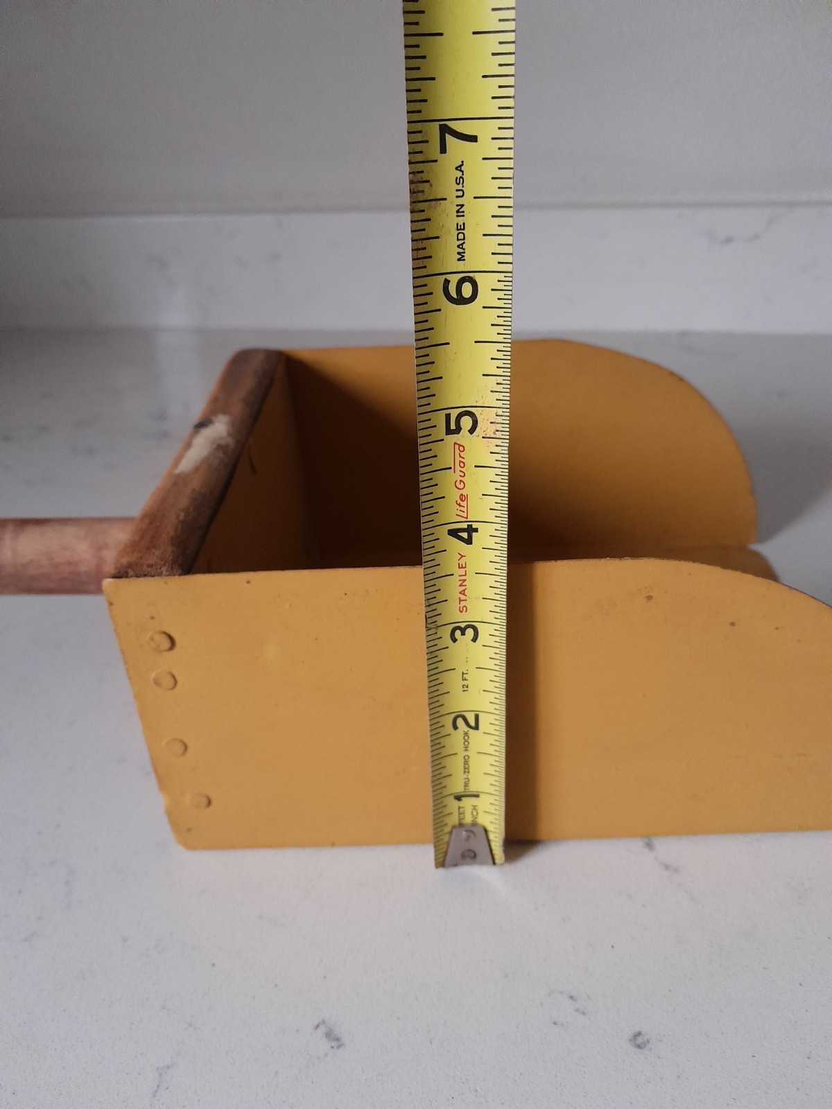 Antique Primitive Feed Scoop Yellow Metal with Aged Wooden Handle Farmhouse 
