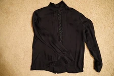 CARLISLE  100% silk black with beads back-button down shirt blouse top size 14