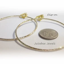 CLIP ON 2-3/4" GOLD TONE Textured Thin Big Hoop Non-Pierced Trendy Earrings B253