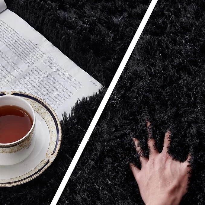 Alfombra Mullida Súper Suave Para Dormitorio, Alfombra Peluda Moderna Negra NUEVO Foto 3 de 4