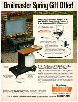 1983 Broilmaster Print Ad, Gas Grill Rotisserie Spring Gift Offer Meat On Grill