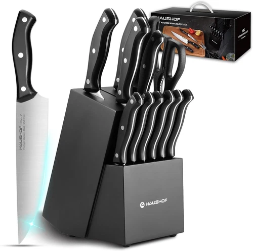 HAUSHOF 14 PCS Kitchen Knife Set With Block Wooden Razor-Sharp Stainless Steel