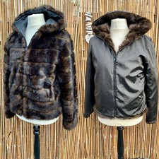 Giacca Reversible Faux Fur Black Brown Short Bomber Hooded Coat Jacket Size L 14