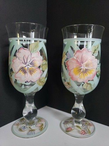 Verres à thé glacé à tige peints à 2024 la main - Lot de 2 - Beau motif floral