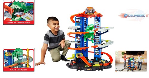 Vertical Toy Car Track Set with T-Rex & Kid-Powered Elevator - 2 Cars Included - Picture 2 of 8