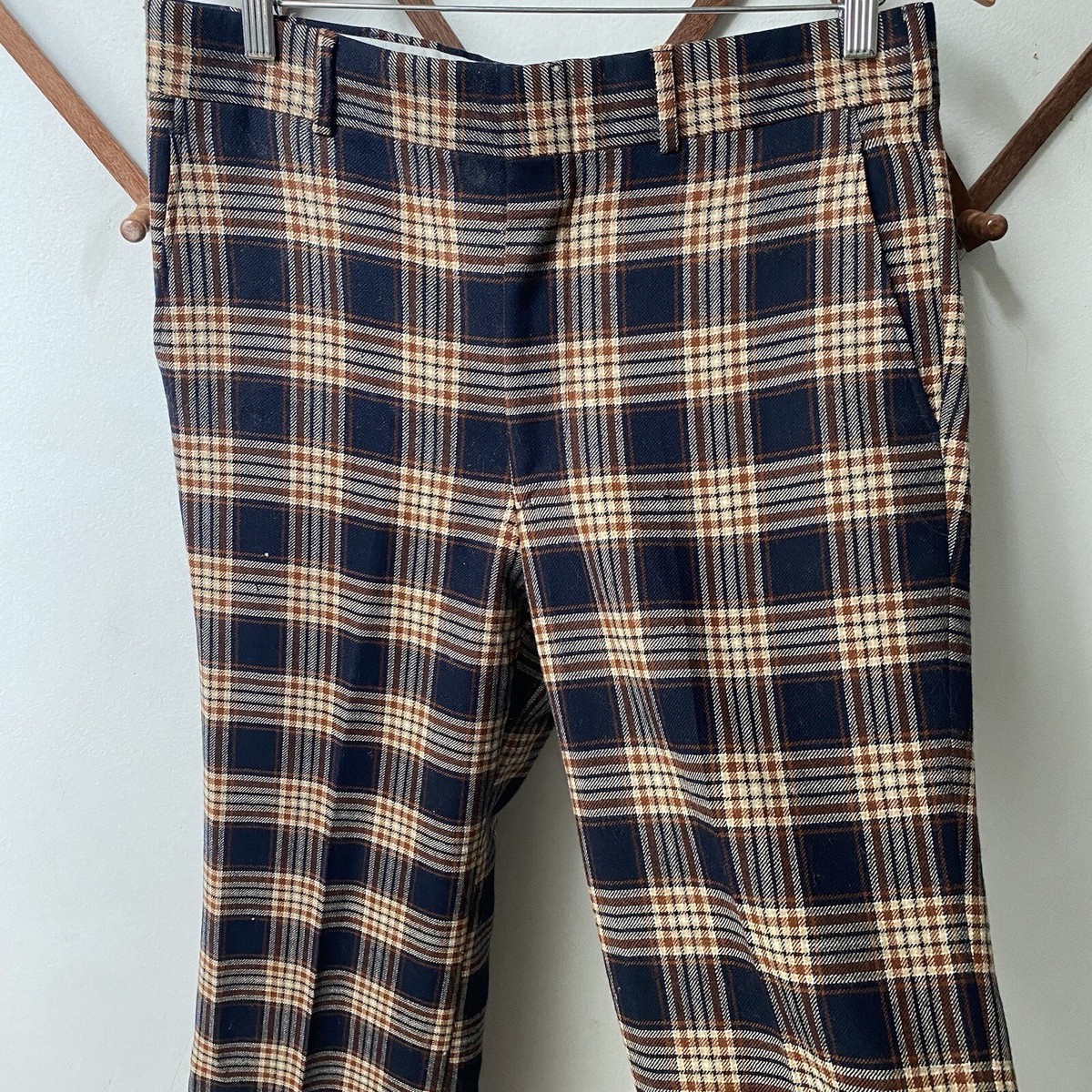 Vintage 1970s Pure Wool Plaid Checkered Trousers Flared