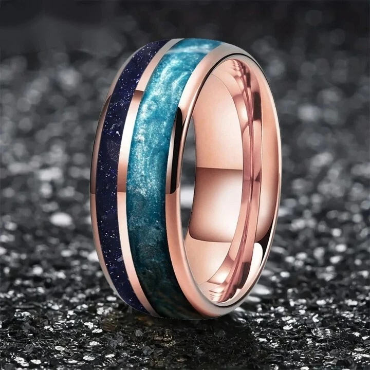 8MM Blue Sandstone and Crushed Pearl Men Women Tungsten Carbide Ring Band - Image 4 of 4
