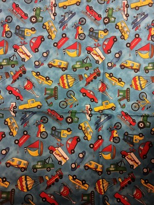 VTG ''ROAD TRIP'' AVLYN Cotton Fabric 2 pieces , 2 yards, Trains, Taxi, Tow Truck