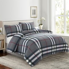 Rayon from Bamboo Bedding Printed 3 Piece Duvet Cover Set, Grey Tartan Queen