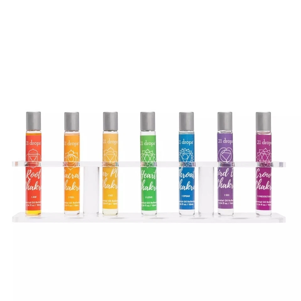 Juego de 7 aceites esenciales de energía y bienestar orgánico de chakra de 21 gotas con soporte - Imagen 1 de 4