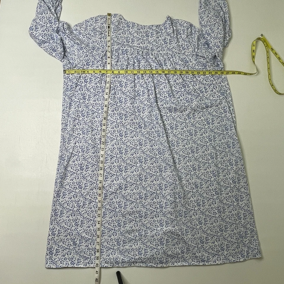 Eileen West 睡袍 L 码花卉长袖 100% 棉弹力蓝色白色 — 第 4/4 张图片