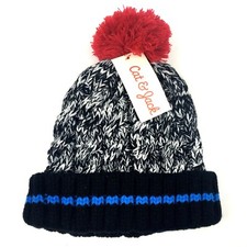 Cat  Jack Childrens Hat Kids OS Cable Knit Beanie Pom Pom Rolled Cuff Black Red