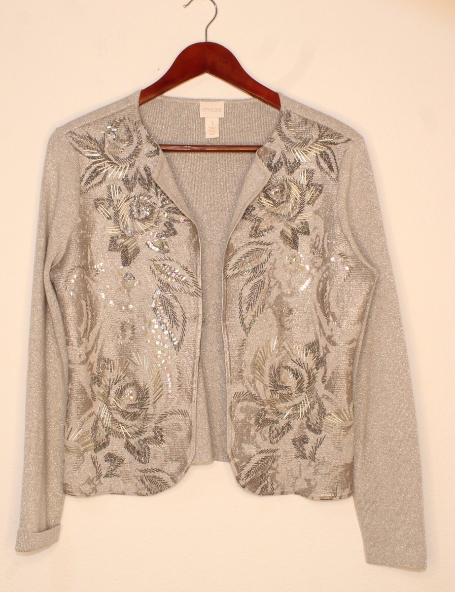 Chico's Gray Metalic Beaded Sequin Long Sleeve Woman's Cartigan US