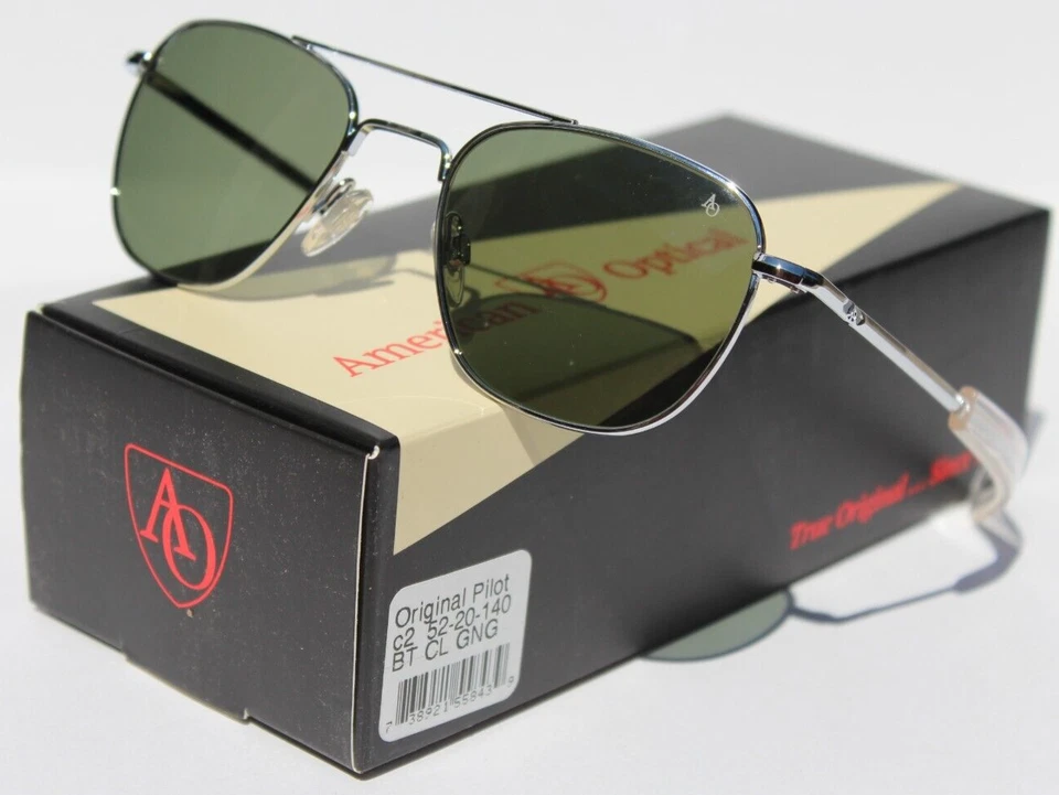 Occhiali da sole pilota AMERICAN OPTICAL originali argento/verde calobar VETRO 52 GNG NUOVI - Immagine 2 di 4