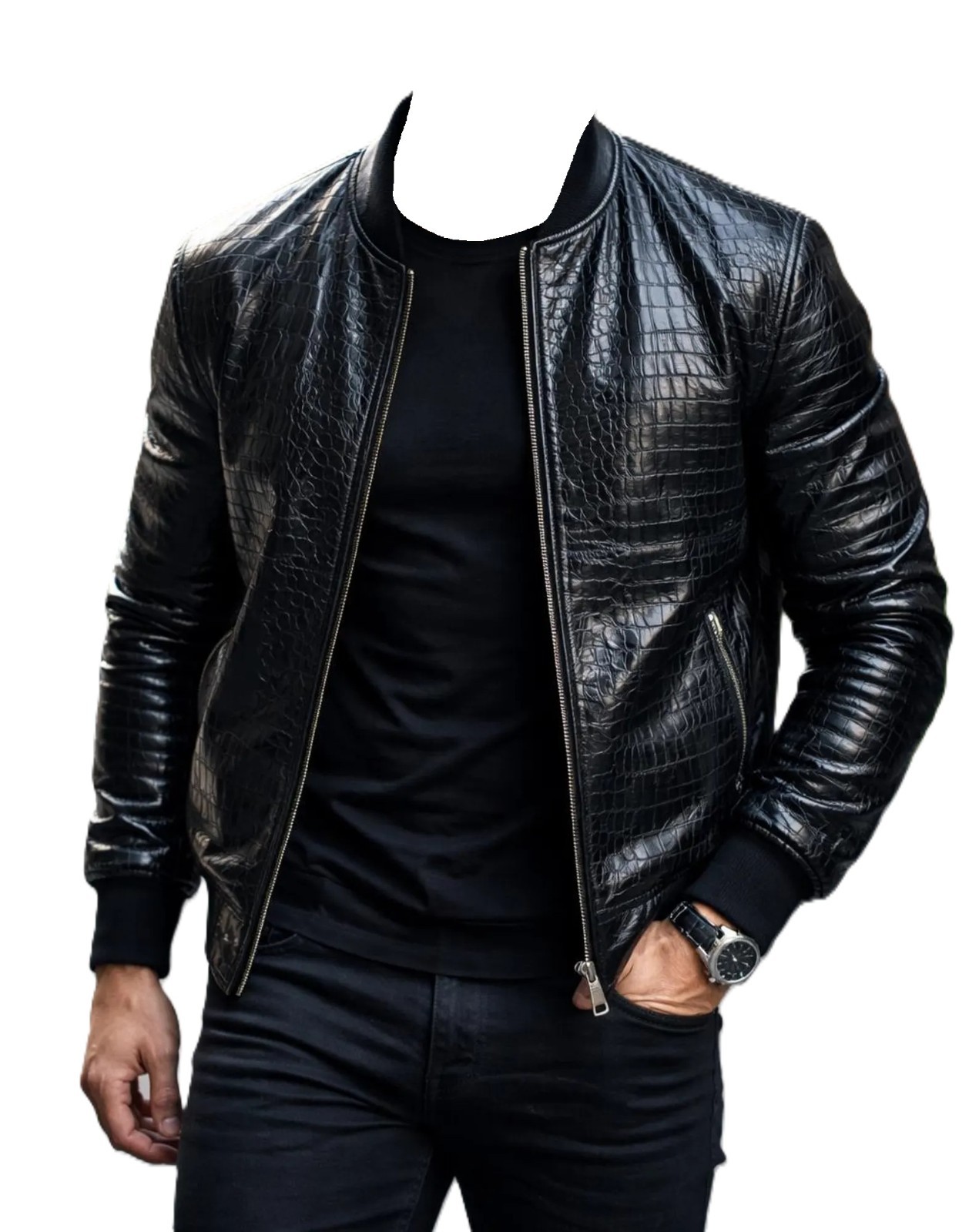 Men's Black Croc Embossed Leather Bomber Jacket Luxury Vintage Exotic Biker Coat
