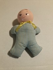 VINTAGE Baby Doll Plastic Head Hanging Rattle Soft Green Color Cloth Body 8