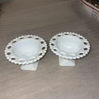 Milk Glass White Round Shape Laced Edge Pedestal Bowl Set Of 2 - Vintage